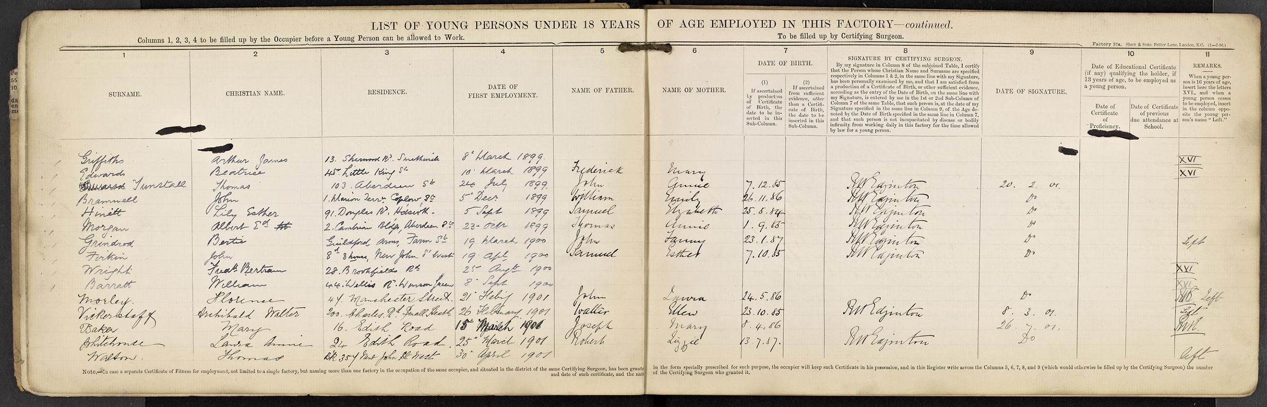Image: Health and Safety book 1899 to 1938 with details of all employees aged under 18 years of age.