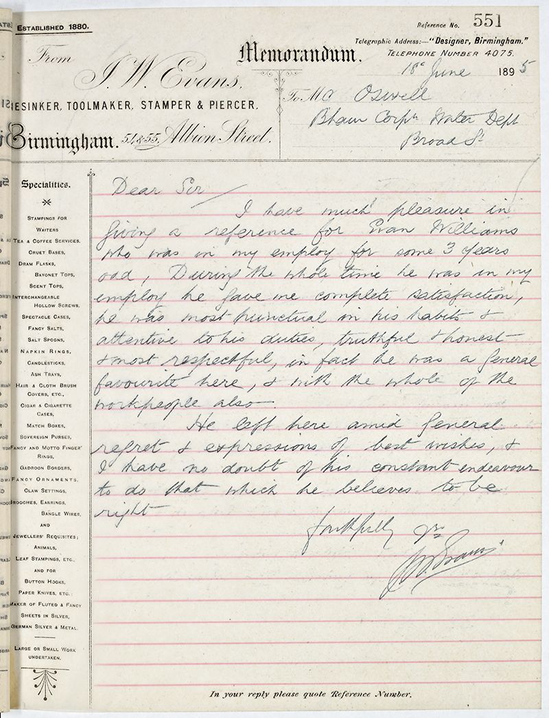 Image: Copy letter book from June 1895 giving a reference for a stamper who worked at the business for 3 years.