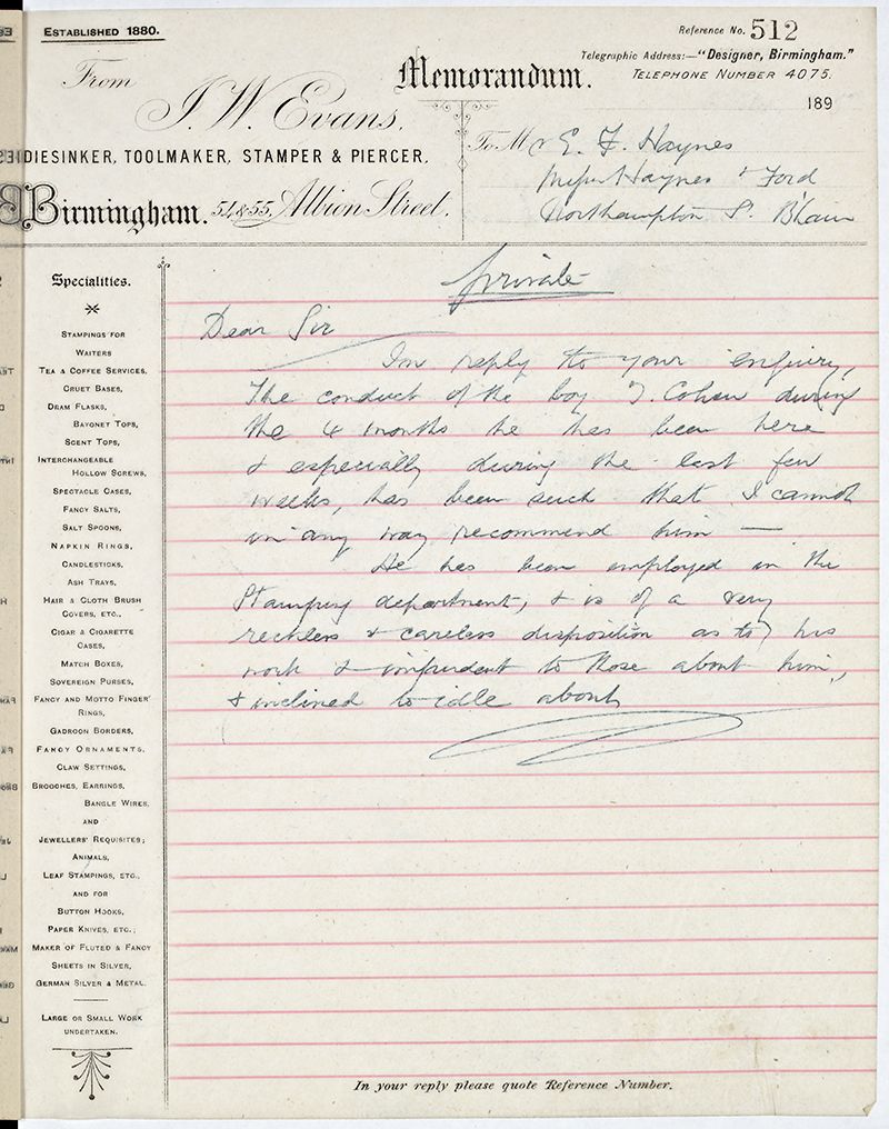 Image: Copy letter book from May 1895 giving a poor reference for a ‘boy’ who worked in the stamping department.