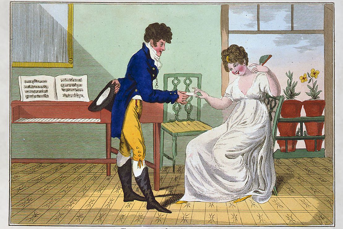 A man in Regency dress, with a blue coat and yellow knickerbockers hands a young woman wearing a white dress a letter.