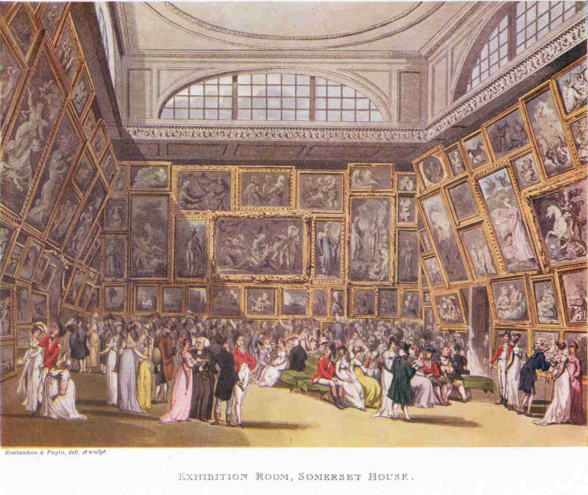 A colour illustration of the inside of Somerset House, packed with people and paintings. The crowds are all in Regency dress, some in red soldiers' uniform jackets.