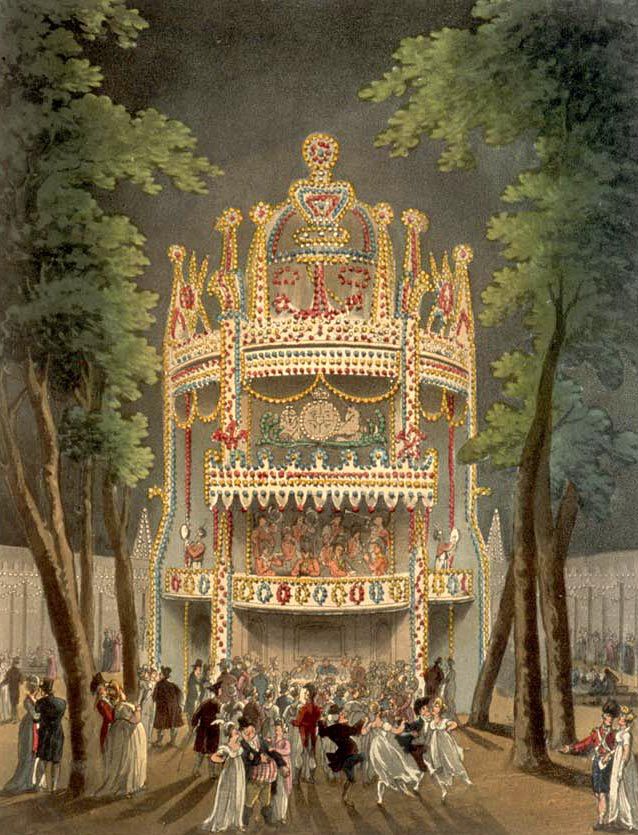 An illustration of Vauxhall Pleasure Gardens from 1810. In front of a shining colourful stage and balcony, many figures in Regency dress are dancing and enjoying a party.