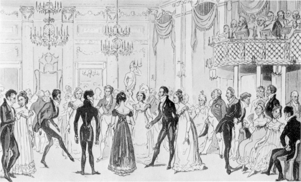 A black-and-white illustration of a Regency ball.