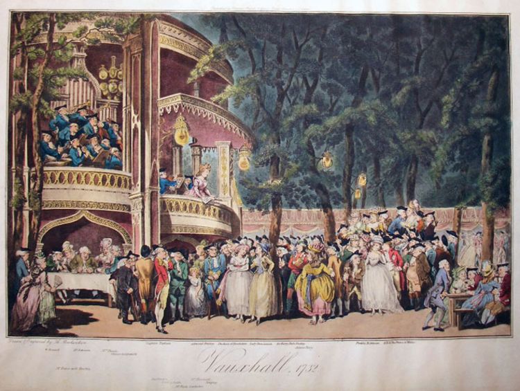 A colour illustration of a concert at Vauxhall Pleasure gardens. There's a tall balcony and theatre boxes to the left of the picture. On the ground in front, hundreds of people in colourful Regency clothes crowd around.