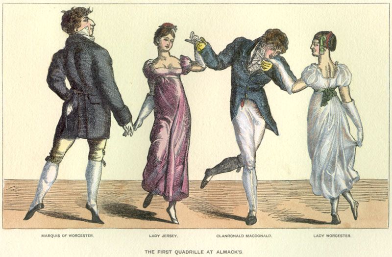 An illustration of two men and two women in Regency dress, dancing. Two are facing away; the other two are facing forwards. One man wears striking yellow gloves and kisses one woman's hand.