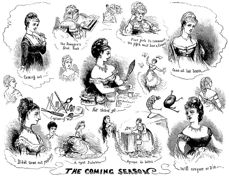 A black-and-white illustration shows several aspects of 'The Season' from the perspective of different women.