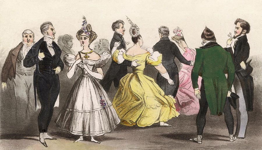 An illustration of a Regency ball, with women wearing long white, pink and yellow dresses, while the men are wearing smart, black evening wear.