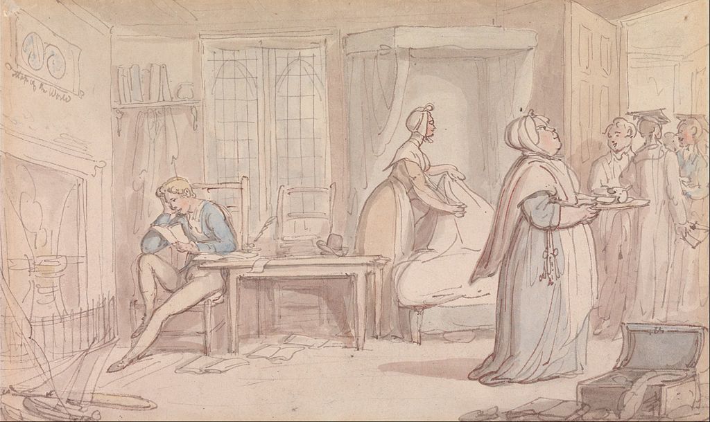 A sketch of a young man in a blue shirt reading a letter by the fireplace. Behind him, servants make his bed, and take away a tray of food.