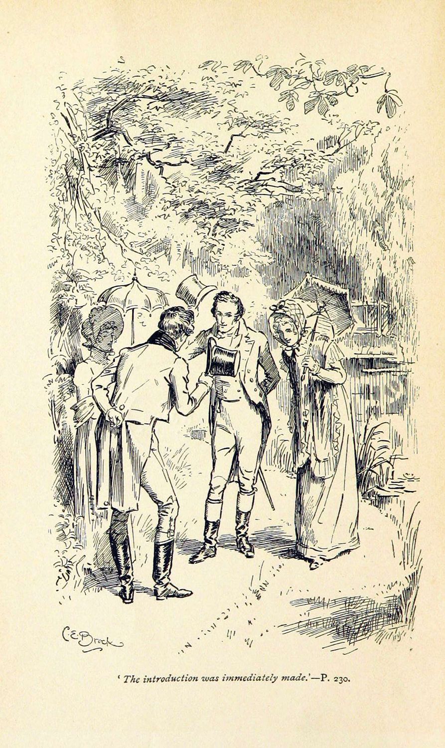 An illustration of two couples meeting. Both women wear long dresses and bonnets, and carry parasols, while both men wear smart boots, high-waisted trousers and jackets with tails.