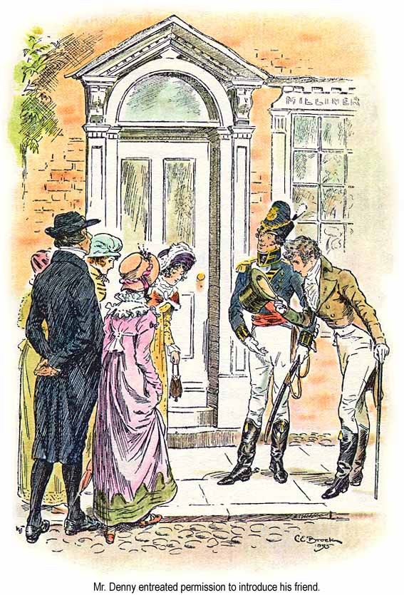 A colour illustration of two men, one in a soldier's uniform, meet a group of women in long Regency dresses and bonnets.