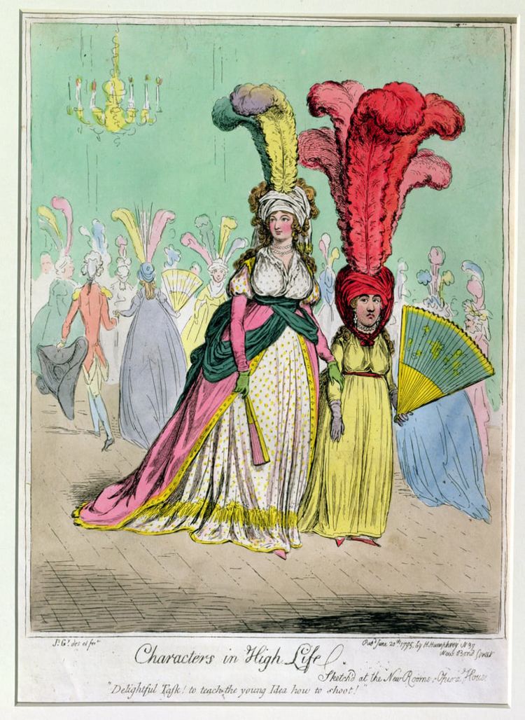 A colourful caricature of two women in slightly absurd Regency dress at a ball. Both carry enormous fans.