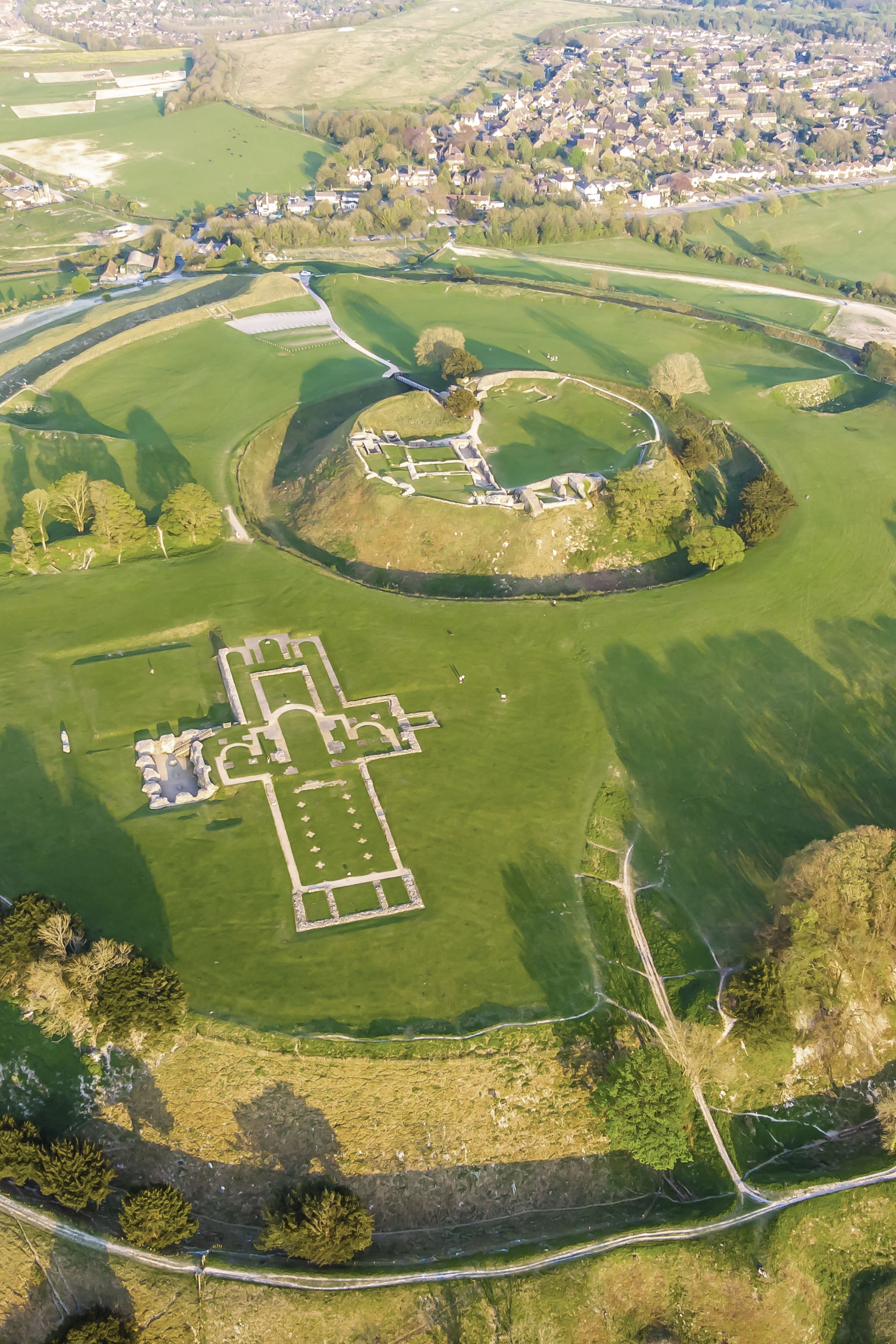 An aerial view of Old Sarum showing the remains of the Iron Age hill fort, castle and cathedral