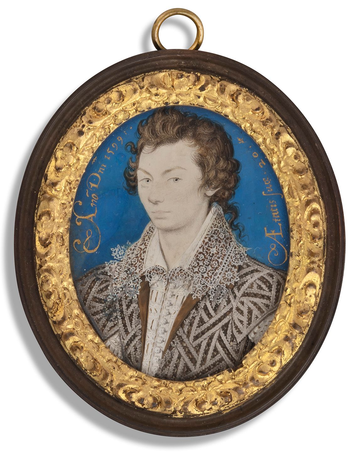 A miniature portrait of Sir Thomas Griffin, who has a beautiful lace collar and curly yellow-brown hair. His delicately painted face is solemn.