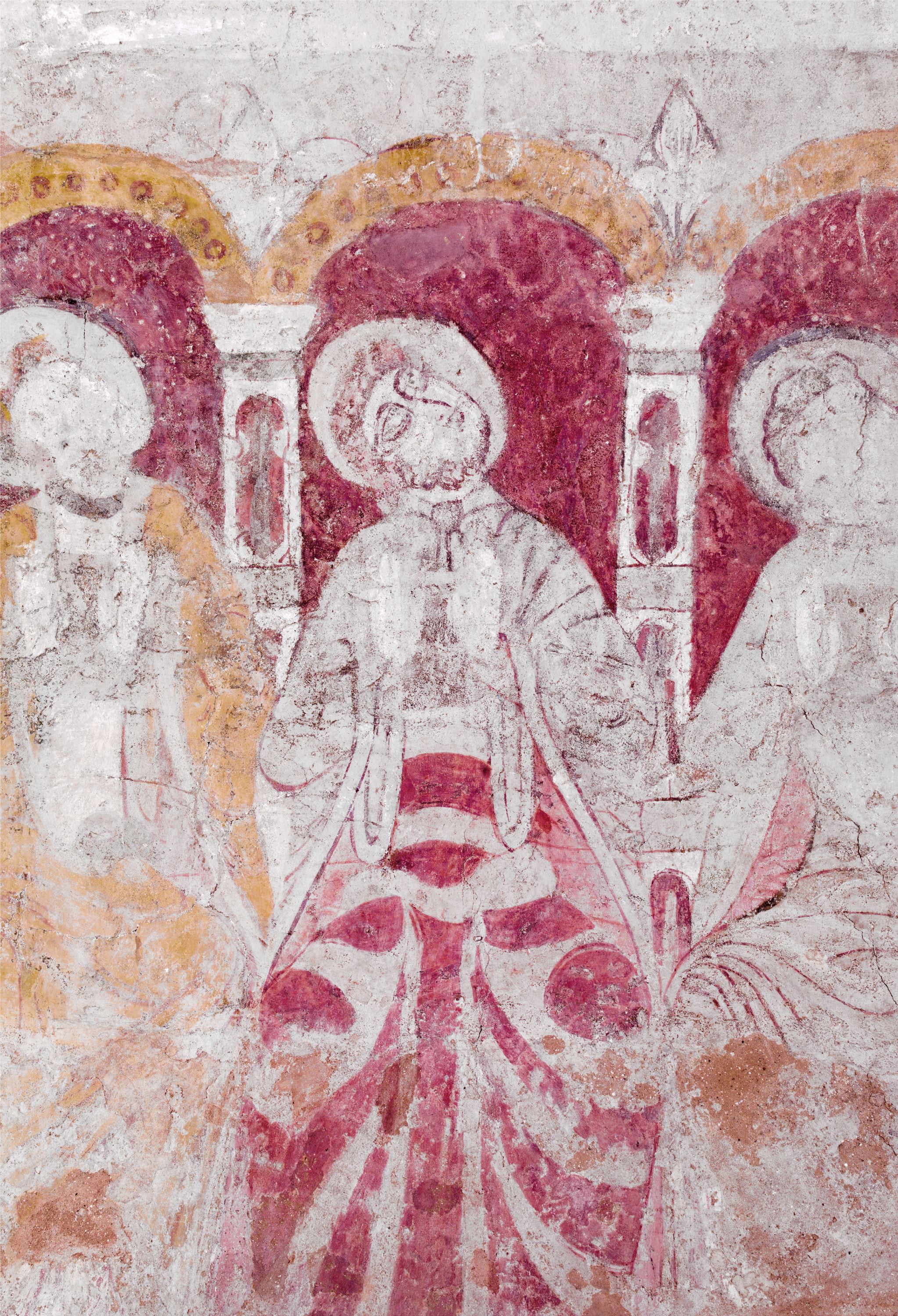 Image: Detail view of a fresco showing three of the apostles gazing upwards towards Christ, on the chancel wall in St Mary's Church, Kempley