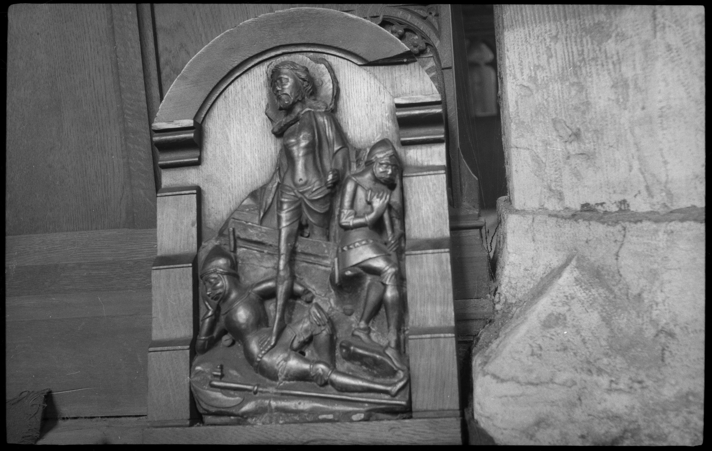 Image: An alabaster panel carved with a depiction of the Resurrection in All Saints' Church in York