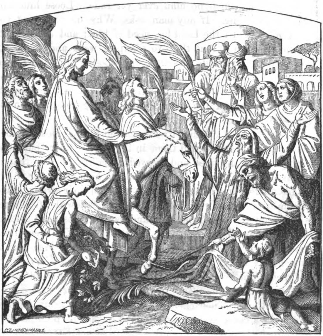 Image: Illustration of Christ entering Jerusalem as people place palms on the ground before him