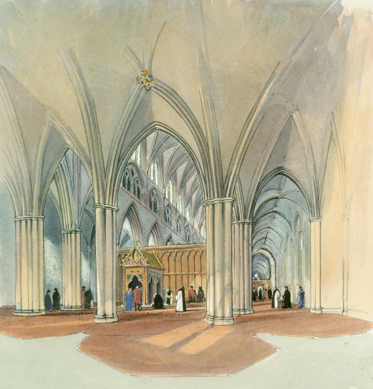 Image: Reconstruction illustration depicting pilgrims visiting the Shrine of the Holy Blood in Hailes Abbey Church in Gloucestershire