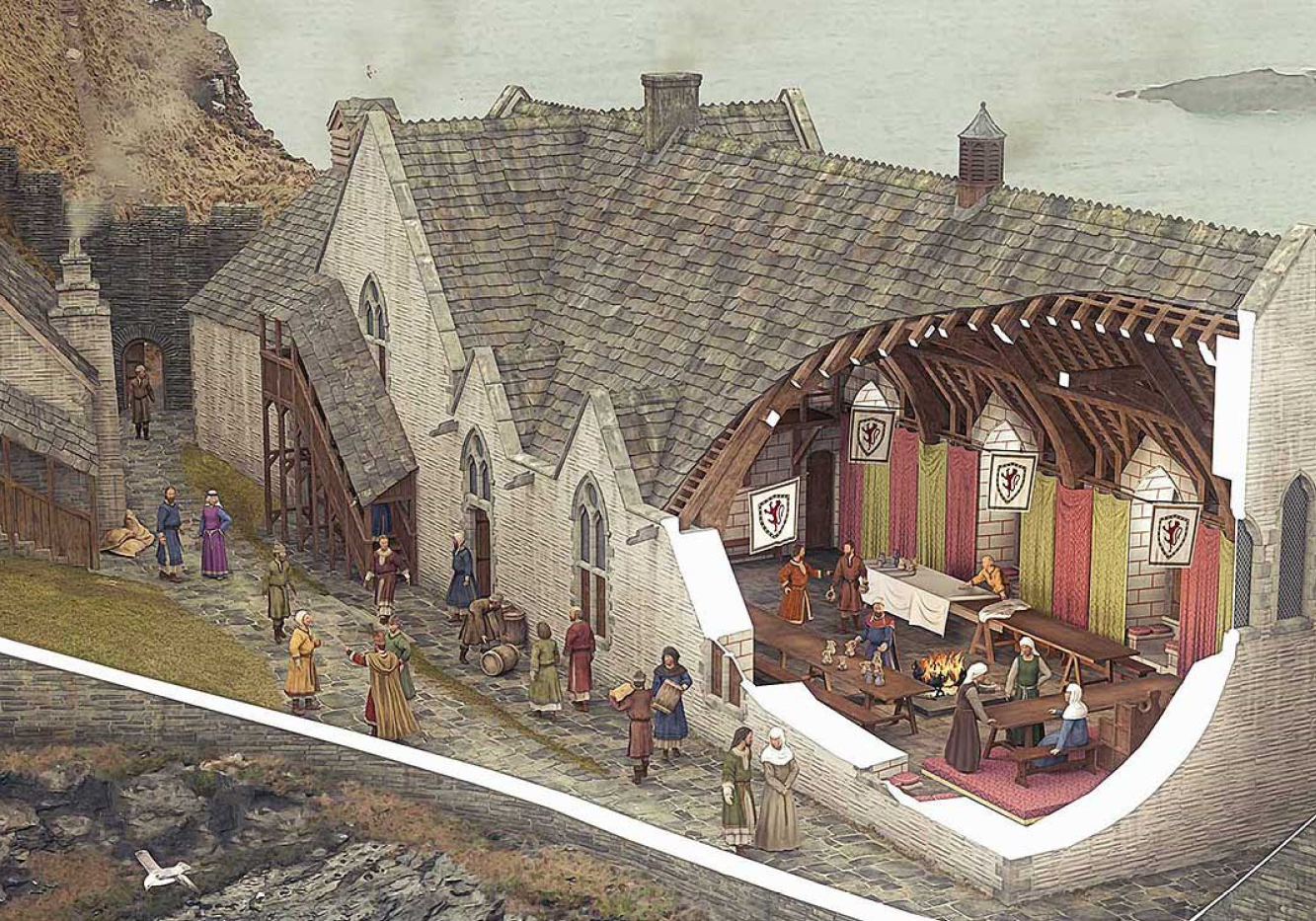 A reconstruction of what Tintagel may have looked like during the medieval period. Cutaway walls show the interior of a hall with red and yellow wall hangings, long tables and people in medieval clothing