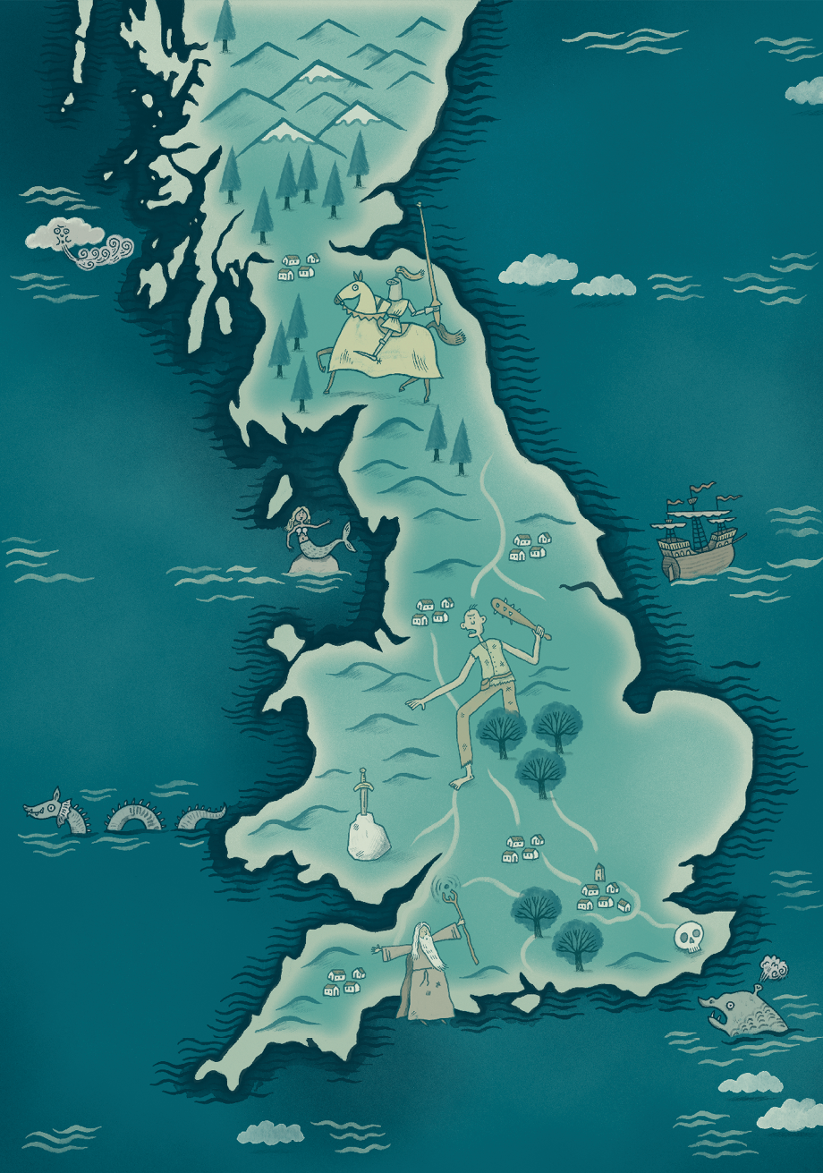 A map of Britain with illustrations of a giant, knight, wizard, ship and monsters