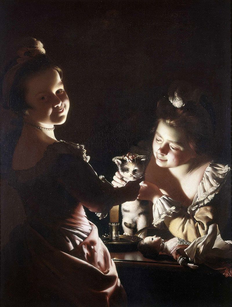 Two Girls Dressing a Kitten by Candlelight, by Joseph Wright of Derby, c.1768–70
