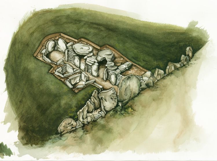 Image: Illustration depicting an aerial, cut-away view of West Kennet Long Barrow, showing the internal structure of the stone chambered tombs © Historic England