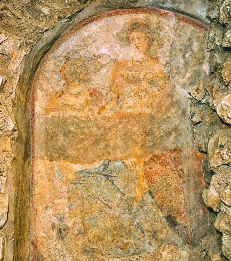 Image: Fresco depicting three water nymphs in niche of deep room, Lullingstone Roman Villa, Kent, UK