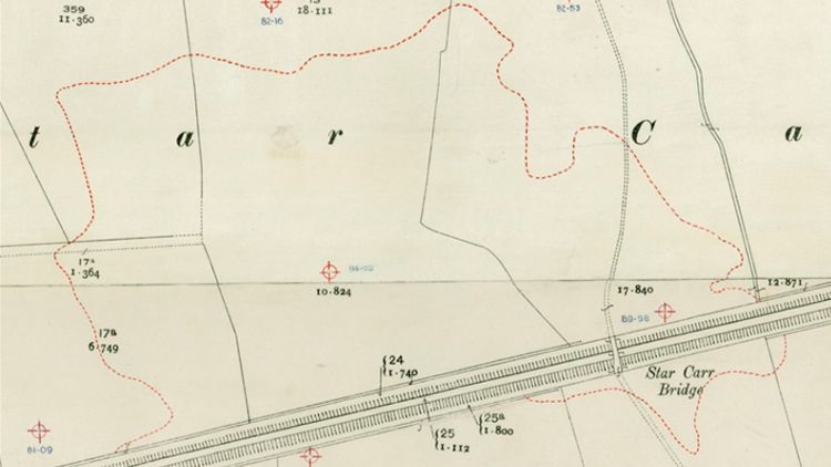 Image: Annotated Ordnance Survey 1:2500 map of Star Carr Mesolithic site showing contours © Historic England
