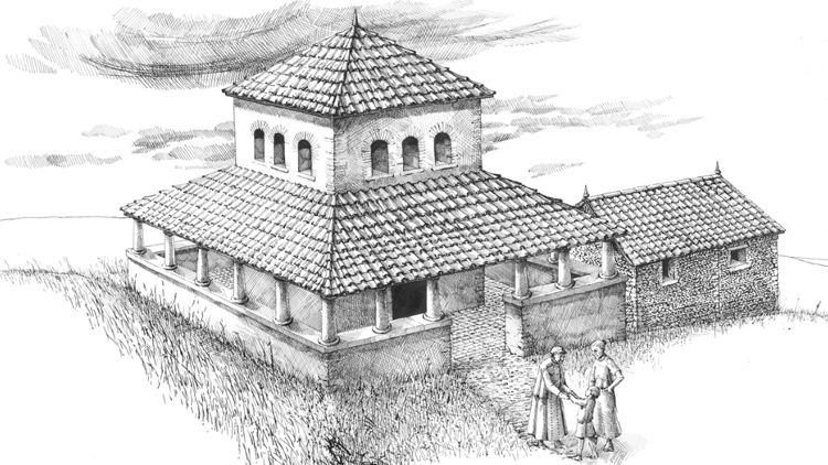 Illustration: Reconstruction drawing showing the Romano-British temple at Maiden Castle, as it may have appeared after its completion in the late fourth century © Historic England