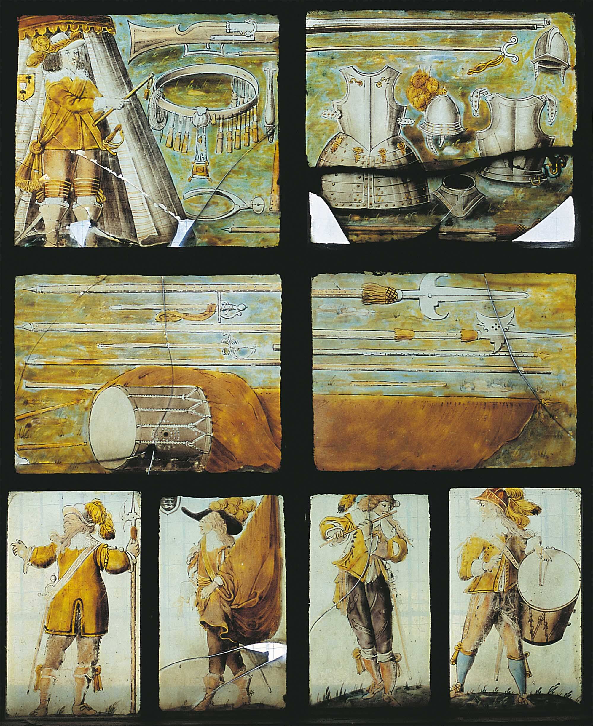 Stained glass window divided into two columns and three rows. The upper rows depict armour, a military drum and a man on the battlefield. The bottom row depicts four soldiers, two of whom play musical instruments (a flute and a drum, respectively)