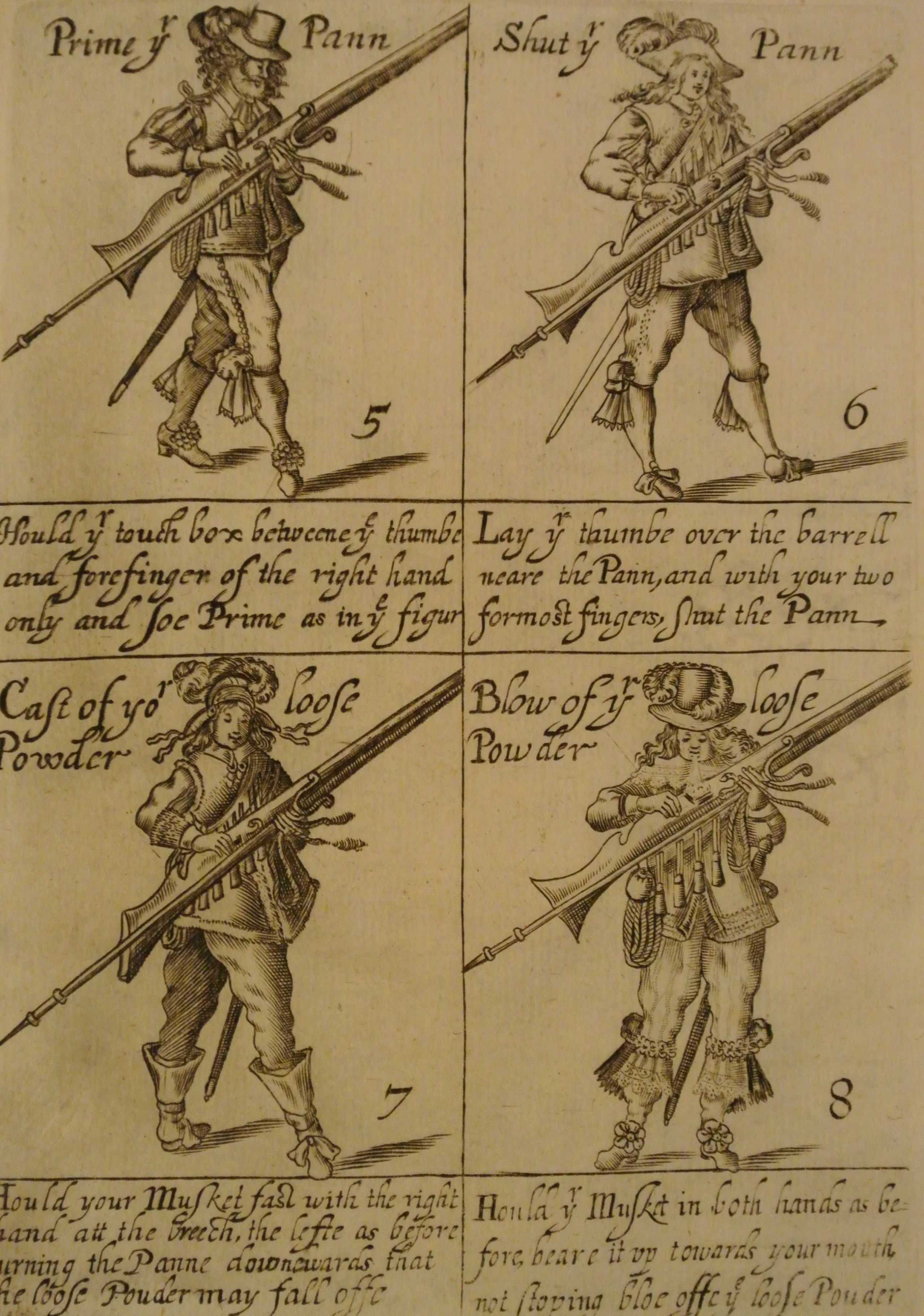A page from a 1642 book, an aged parchment colour, showing men practicing military discipline with muskets and pikes