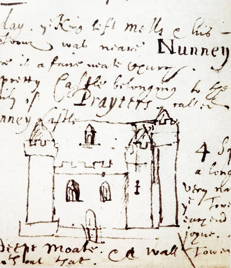 Nunney Castle in Somerset drawn by one of its Royalist officers in 1644. The castle is sketched roughly beneath hand-written text, possibly a letter