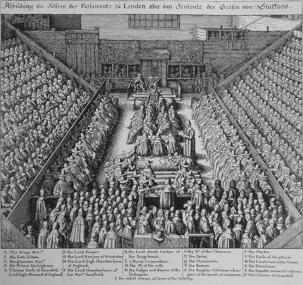 The trial of the Earl of Strafford in Westminster Hall, 1640, in an engraving by Wenceslaus Hollar. The Hall is packed with onlookers on all sides