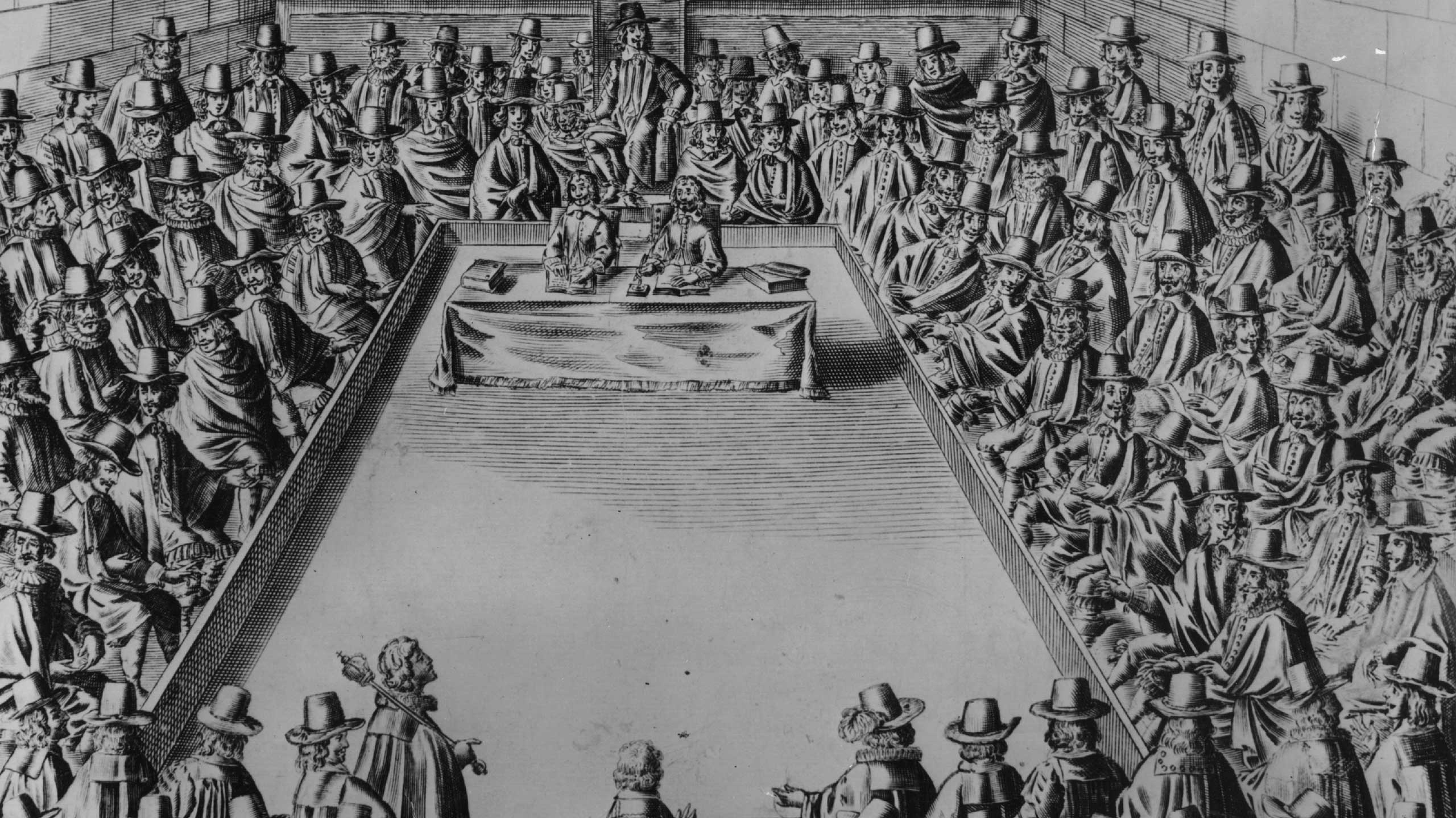 Drawing showing meeting of the Rump Parliament: MPs are gathered around a central space where two men sit at a table