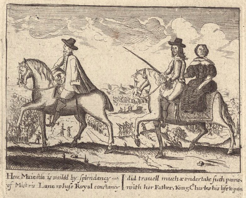 Charles II depicted on horseback with the local gentlewoman Jane Woman. He is disguised as her servant while making his escape to France