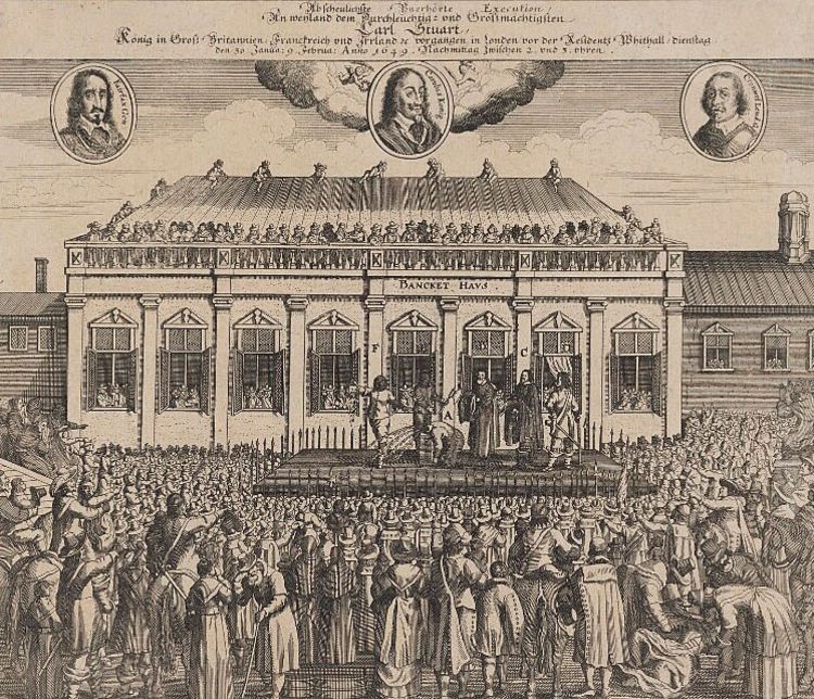 A 1649 etching depicting Charles I’s execution. Crowds are gathered all around, and one person has fainted in the foreground