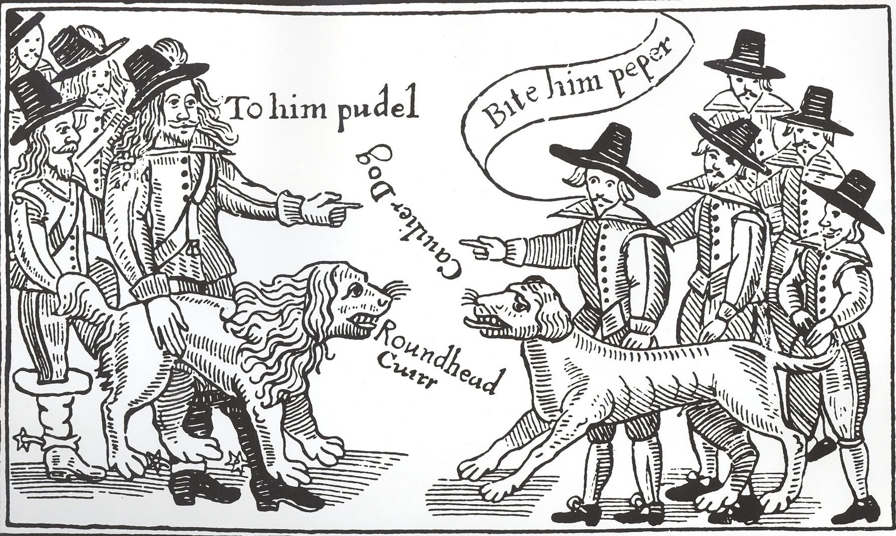 Woodcut illustration showing Royalist and Parliamentarian soldiers setting their dogs on each other. A Royalist says ‘To him pudel’ while a Parliamentarian says ‘Bite him peper’