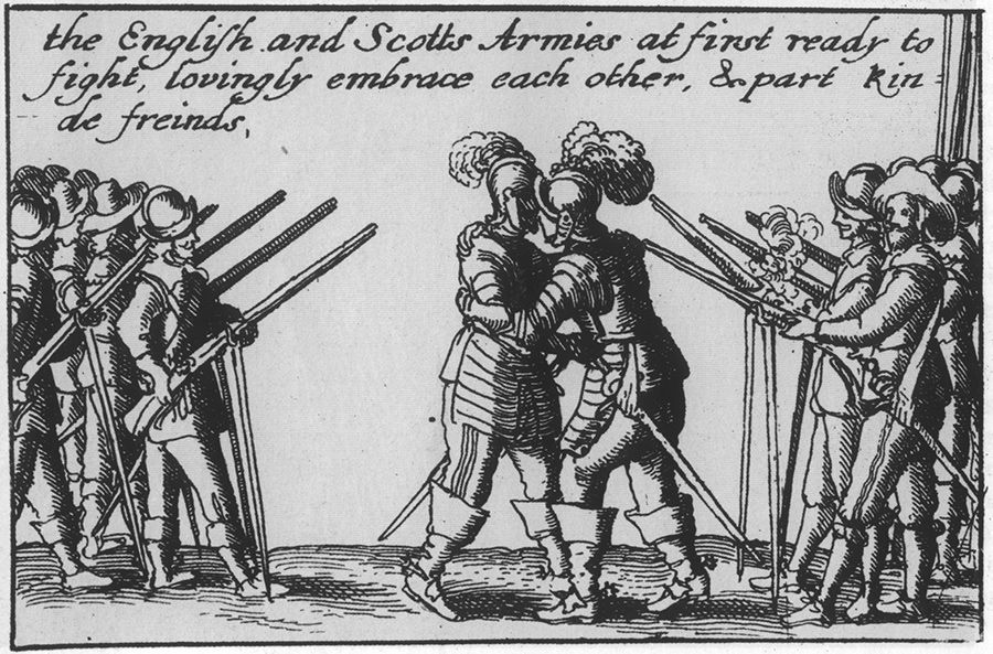 Woodcut illustration showing two soldiers embracing, with their respective armies standing either side of them. The text reads ‘the English and Scotts Armies at first ready to fight, lovingly embrace each other, & part kinde friends’