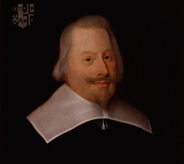 Oil painting of John Pym, wearing typical Puritan dress - a white collared dark tunic. Pym was one of Charles I's fiercest critics in Parliament