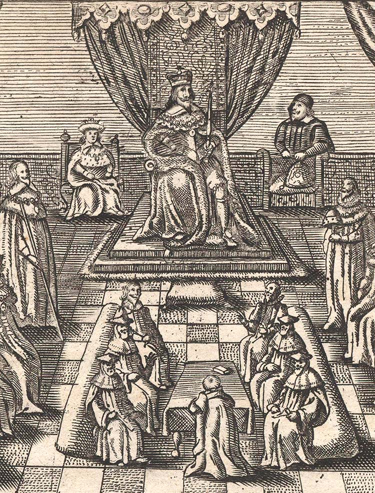A woodcut print of the House of Commons in session in about 1640. King Charles sits raised on a dais, wearing a crown