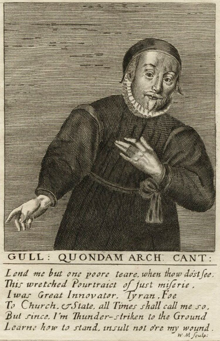A 1640s line etching depicts the Archbishop of Canterbury, William Laud, pleading for toleranc