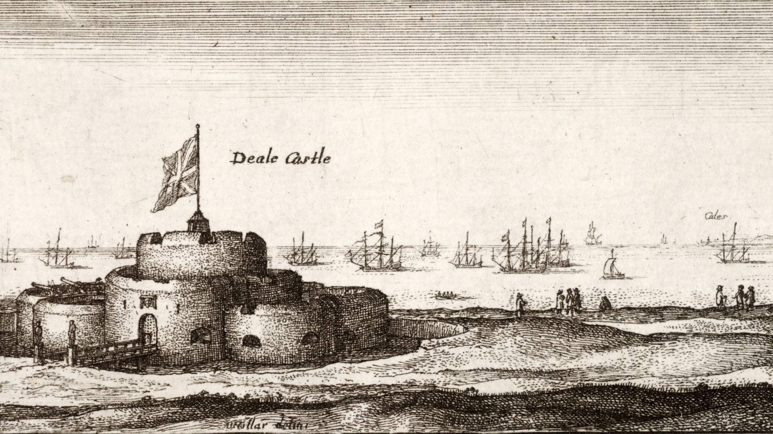 Fine line engraving showing Deale Castle flying the Union Jack and warships gathered out at sea in the distance