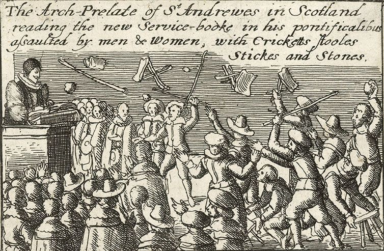 A 1642 engraving by Wenceslaus Hollar depicting Scottish worshippers rebelling against a reading from the new prayer book introduced by Charles I. The worshippers are throwing chairs and other objects at the preacher who stands at a pulpit