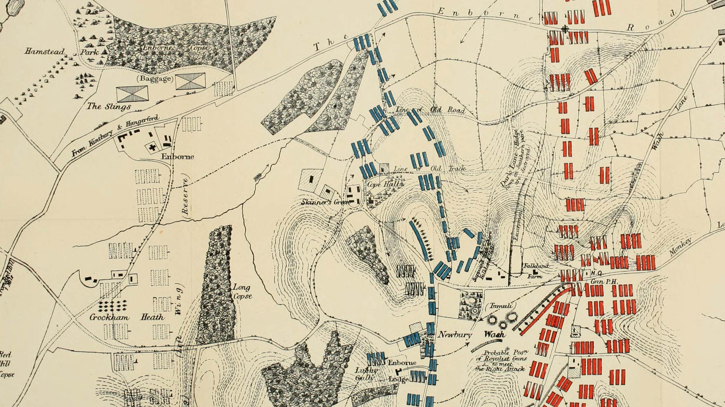 Aerial plan showing the organisation of forces - Royalist in red and Parliament in blue - at the Battle of Newbury
