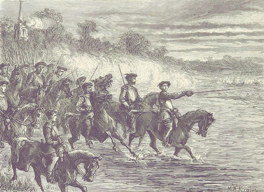 A fine line drawing depicting the Scots crossing the River Tyne at Newburn Ford during the Second Bishops’ War. The soldiers are mounted on horseback, and one leads the way with his sword pointing ahead
