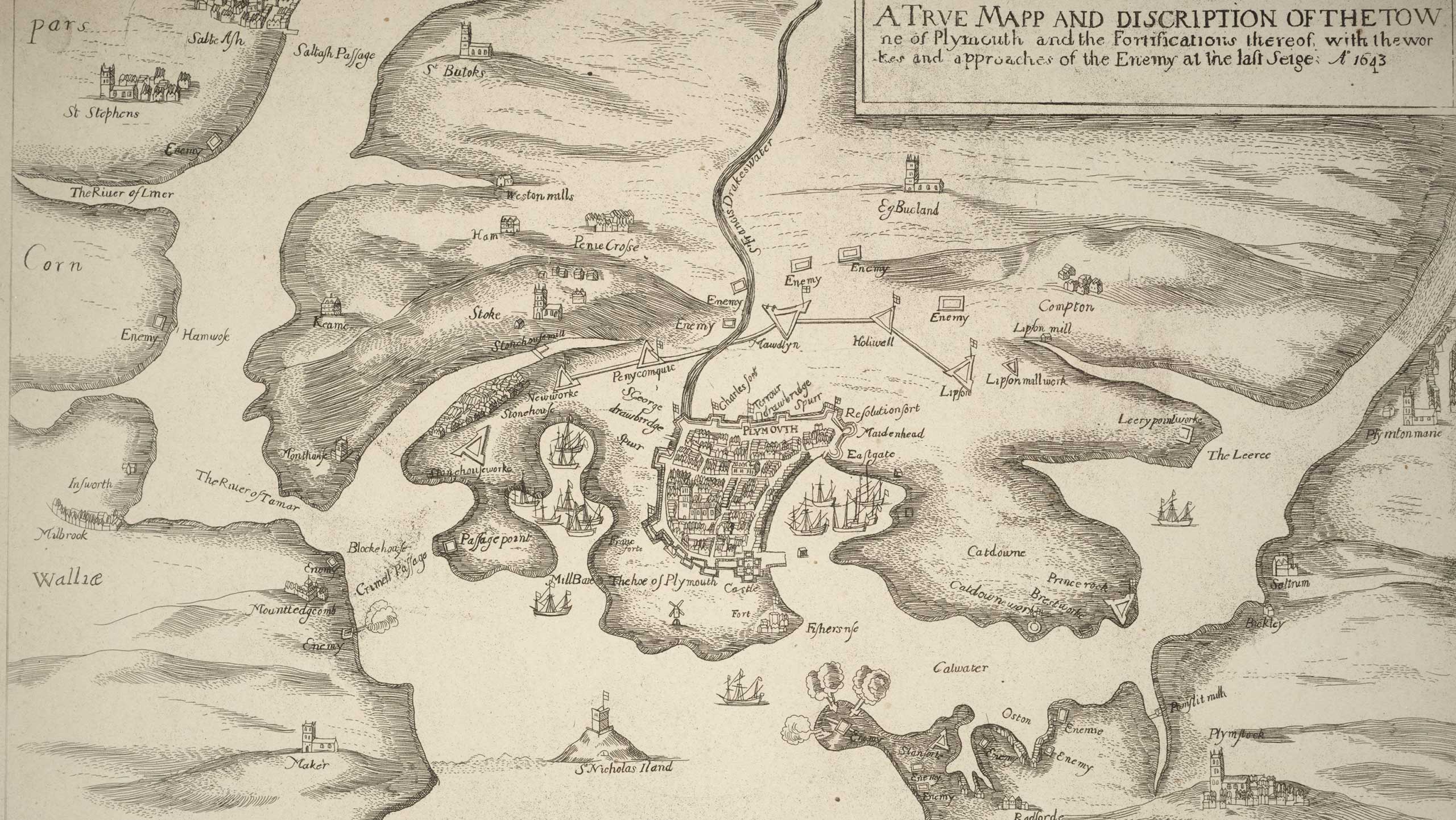 Map of coastline, showing Plymouth under siege during the Civil War