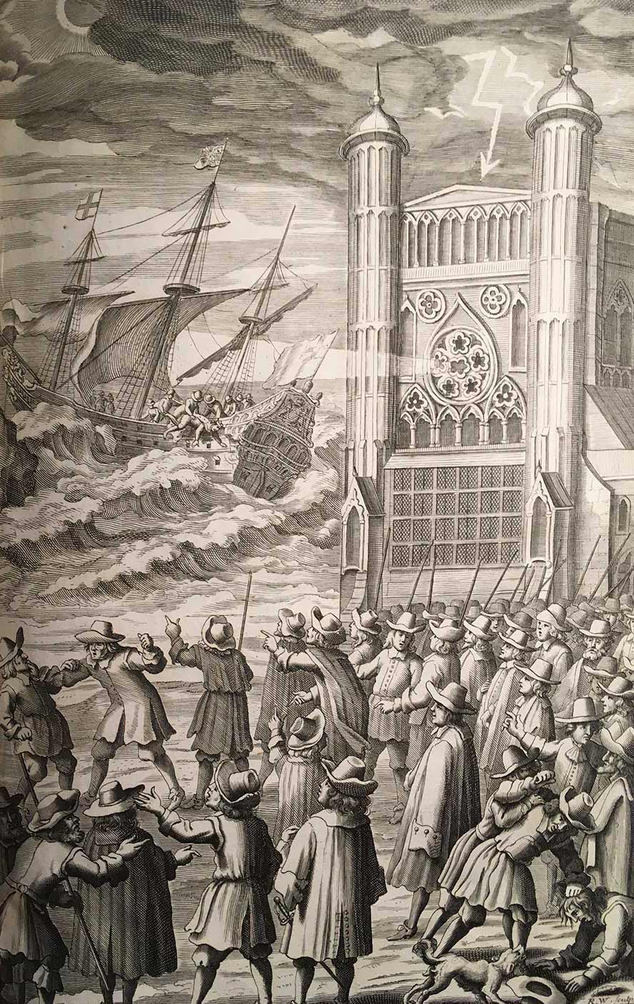 An allegorical engraving printed in 1683 shows the ‘ship of state’ in stormy waters with the king being thrown overboard, while Westminster stands firm. A crowd of onlookers are gathered on the shore