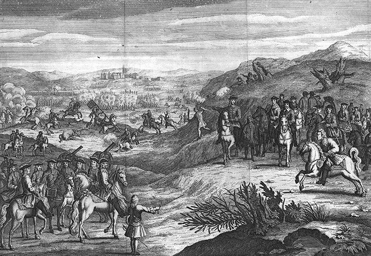 A late 17th-century drawing by Michael Vandergucht depicting the battle of Edgehill. Two armies face each other, one positioned on a slight hill