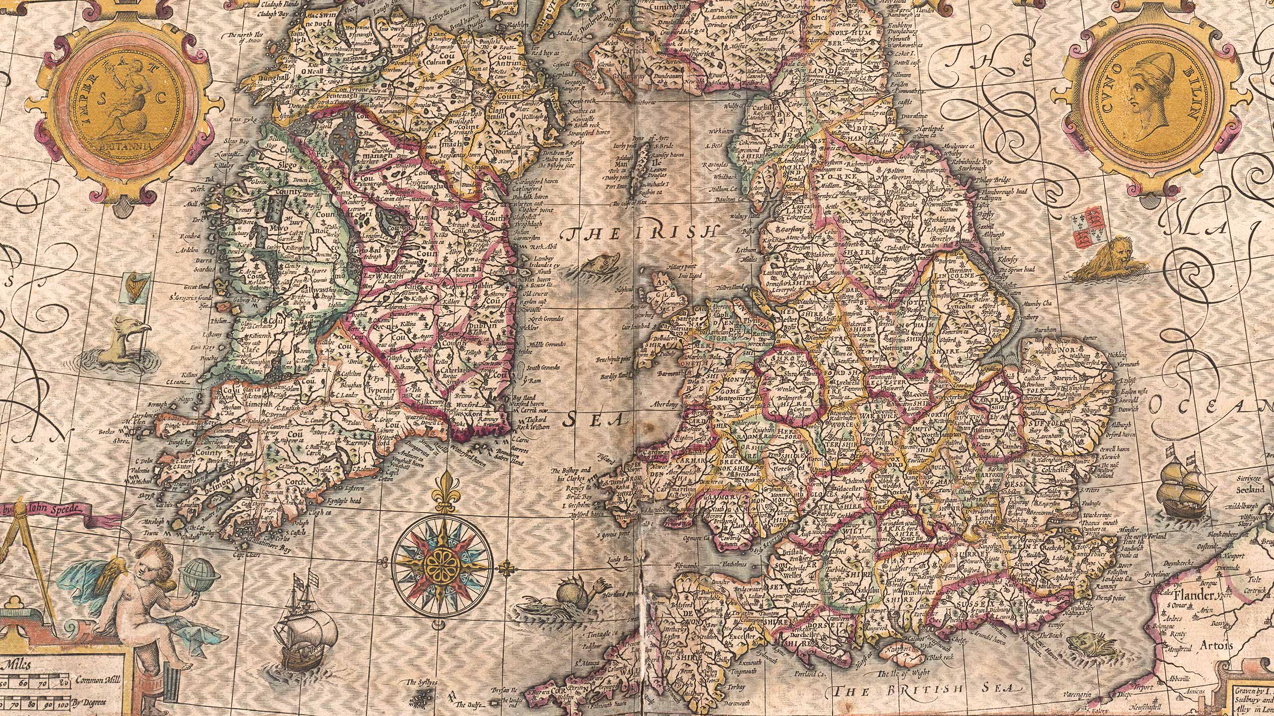 An engraving of John Speed’s map of Great Britain and Ireland, published in 1631. It shows county boundaries marked in thick lines and is illustrated with mythical sea creatures