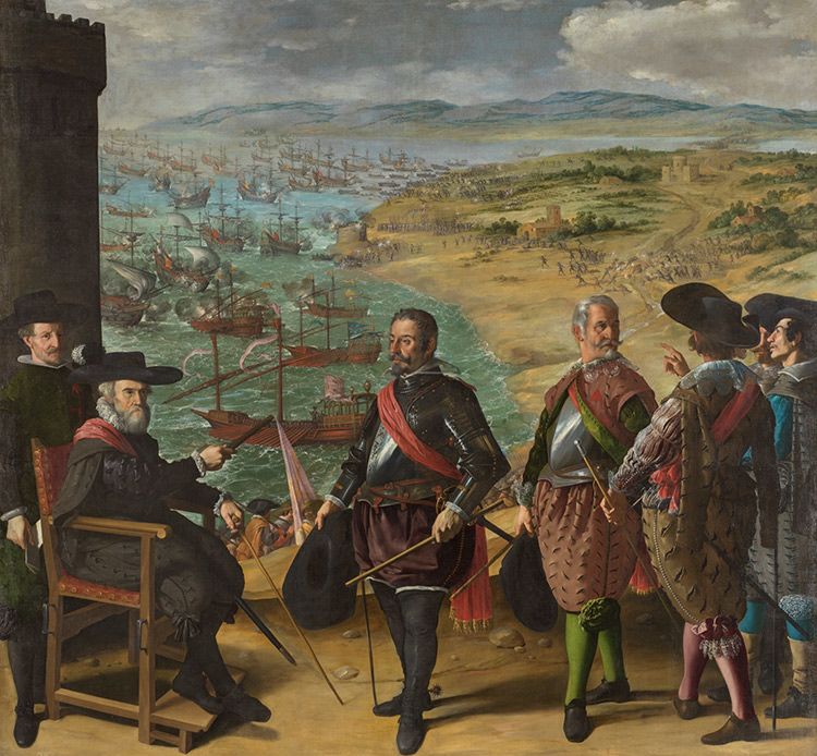‘The Defence of Cadiz against the English’ by Francisco de Zurbarán (1634–5). The painting depicts a group of men in military dress standing on a vantage point, with a bay filled with warships visible behind