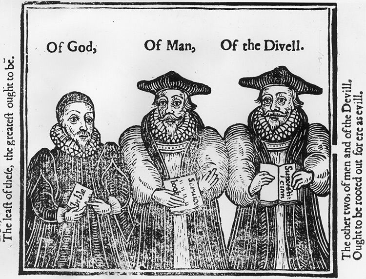A woodcut illustration, dating to about 1640, promoting Protestant worship, as represented by the plain-clothed man ‘Of God’ on the left. The more ornately dressed figures hold books labelled 'sermons' and ‘superstitions’, representing mistrust of Catholic-style worship